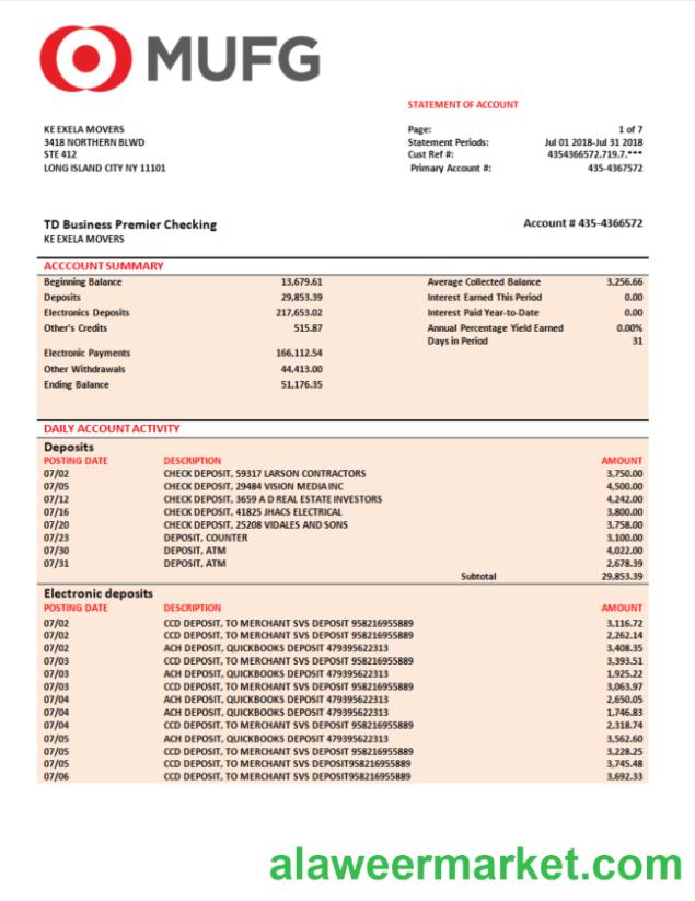 MUFG Bank business checking account statement Word and PDF template
